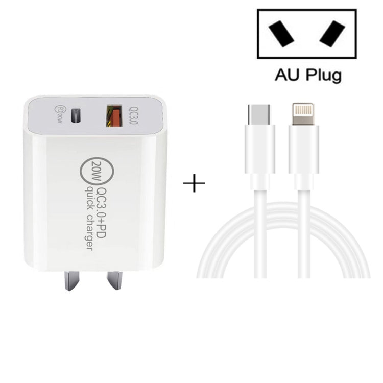 Carregador de Viagem de Carga Rápida 20W PD Type-C + QC 3.0 com Interface USB e Cabo de Dados de Carga Rápida USB-C / Type-C para 8 Pinos, Ficha EU, Ficha US, Ficha AU