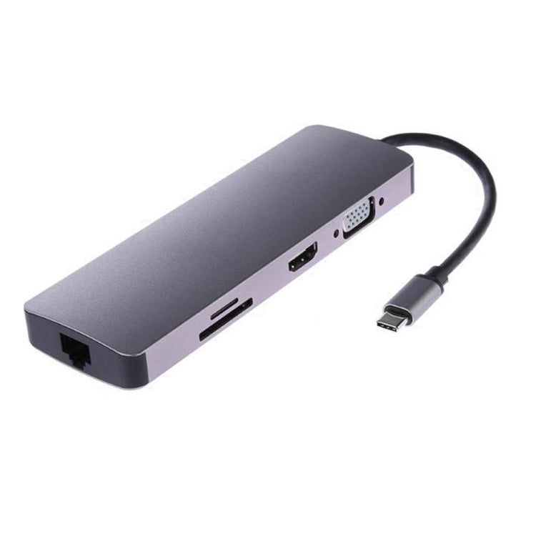Adaptador Conversor Hub USB3.0 WS-11 8 em 1 Tipo-C para HDMI + VGA + SD + TF + RJ45 + PD + 2 x USB3.0