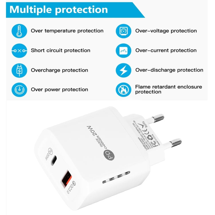 TE-PD01 Carregador Rápido com Duas Portas USB PD 20W + QC3.0 com Luz Indicadora, Ficha EU, Ficha EU