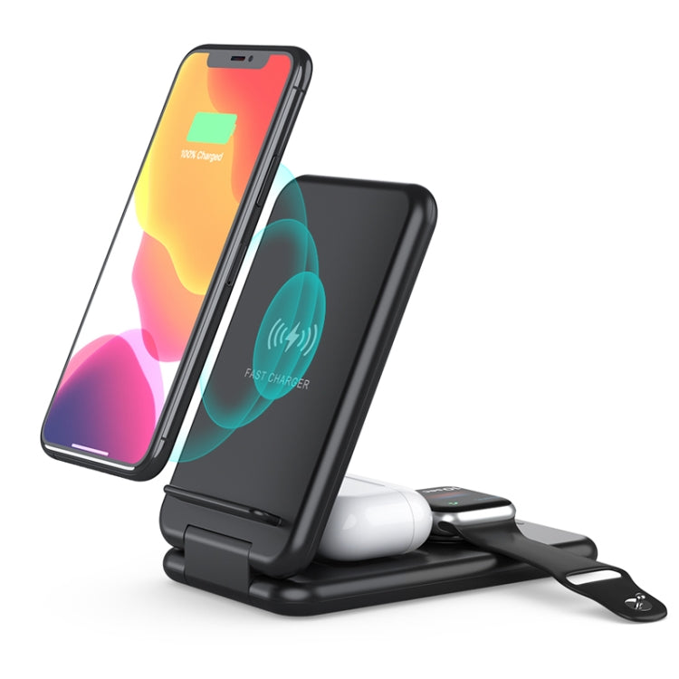 Estação de Carregamento Sem Fios Rápido Qi Dobrável 3 em 1 15W com Suporte para Telemóveis iPhone, iWatch e AirPods