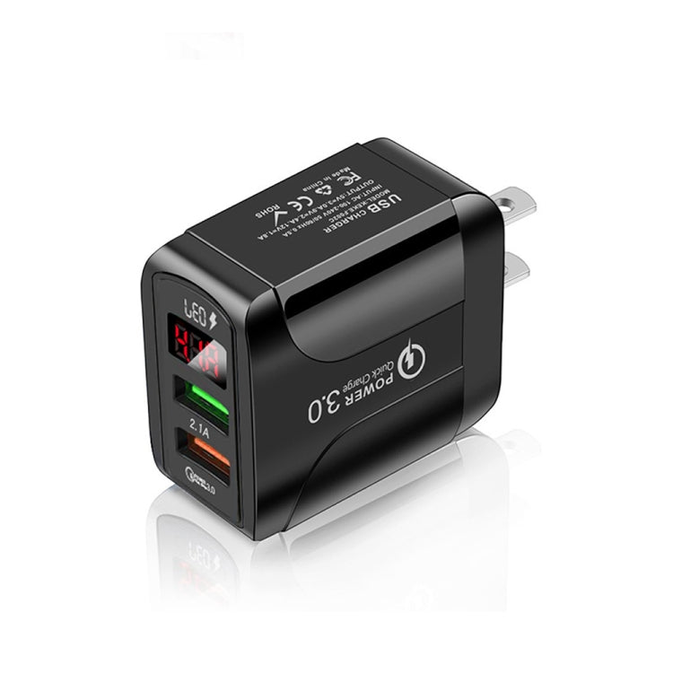 Carregador Rápido F002C QC3.0 USB + USB 2.0 com Ecrã Digital LED para Telemóveis e Tablets, Ficha EUA