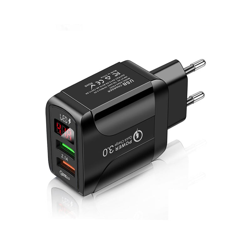 Carregador Rápido F002C QC3.0 USB + USB 2.0 com Ecrã Digital LED para Telemóveis e Tablets, Ficha UE