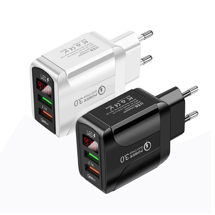Carregador Rápido F002C QC3.0 USB + USB 2.0 com Ecrã Digital LED para Telemóveis e Tablets, Ficha UE
