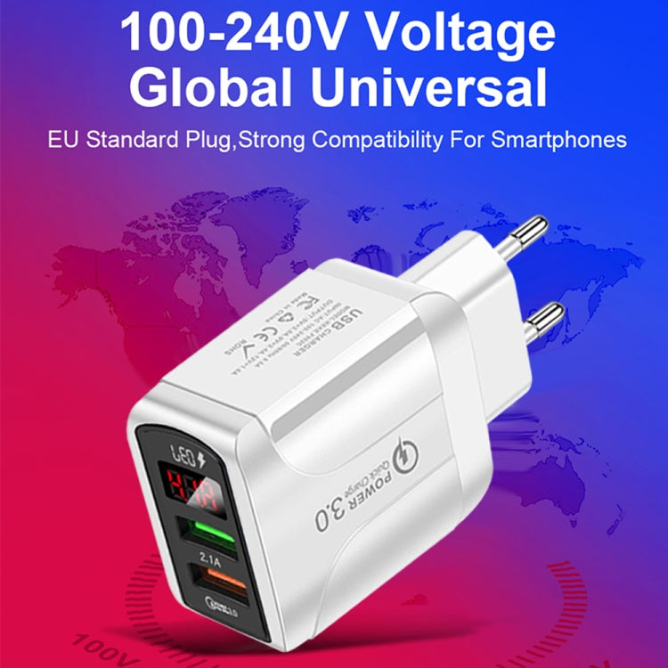 Carregador Rápido F002C QC3.0 USB + USB 2.0 com Ecrã Digital LED para Telemóveis e Tablets, Ficha UE