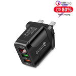Carregador Rápido F002C QC3.0 USB + USB 2.0 com Ecrã Digital LED para Telemóveis e Tablets, Ficha Reino Unido