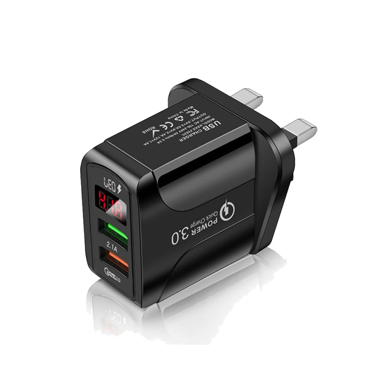 Carregador Rápido F002C QC3.0 USB + USB 2.0 com Ecrã Digital LED para Telemóveis e Tablets, Ficha Reino Unido