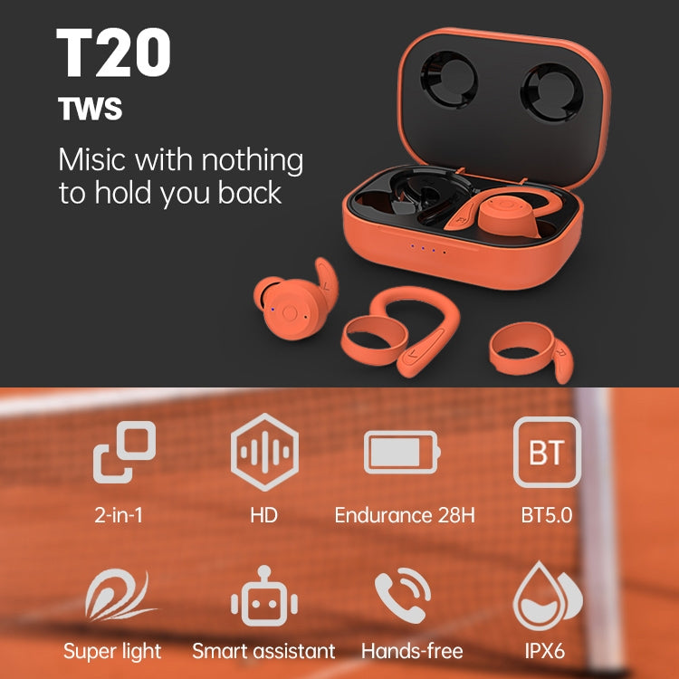 Auriculares Desportivos Sem Fios Bluetooth T20 TWS com Ganchos, Caixa de Carregamento, Impermeáveis IPX6 e Cancelamento de Ruído