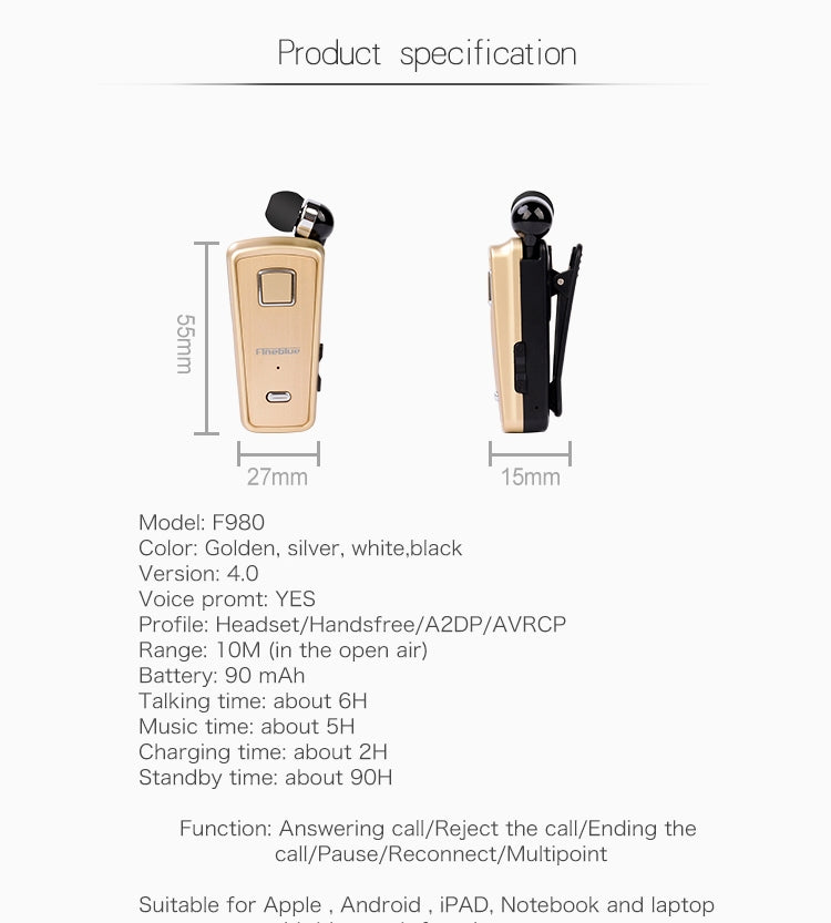 Auricular Bluetooth Antifurto com Cabo Retrátil F980 CSR4.1, Lembrete de Vibração de Chamadas, Branco