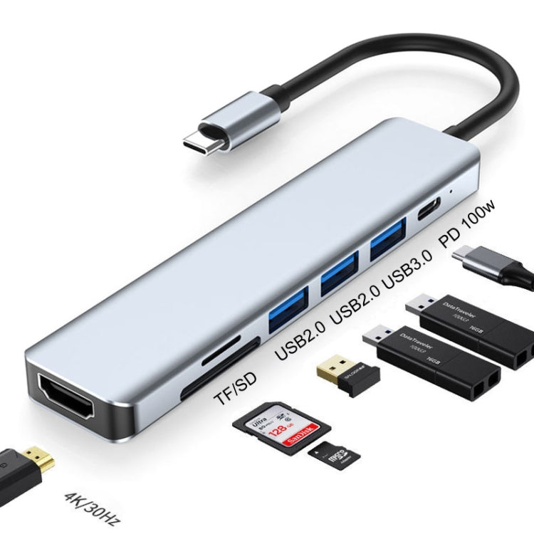 Estação de Acoplamento HUB 7 em 1 HDMI+SD/TF+USB2.0x2+USB3.0+PD para Tipo-C, Estação 7 em 1