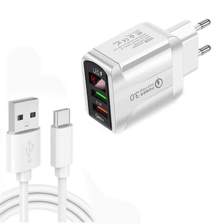 Carregador Rápido F002C QC3.0 USB + USB 2.0 com Ecrã Digital LED e Cabo de Dados USB para Type-C, Ficha UE + Cabo Type-C