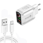Carregador Rápido F002C QC3.0 USB + USB 2.0 com Ecrã Digital LED e Cabo de Dados USB para Type-C, Ficha UE + Cabo Type-C