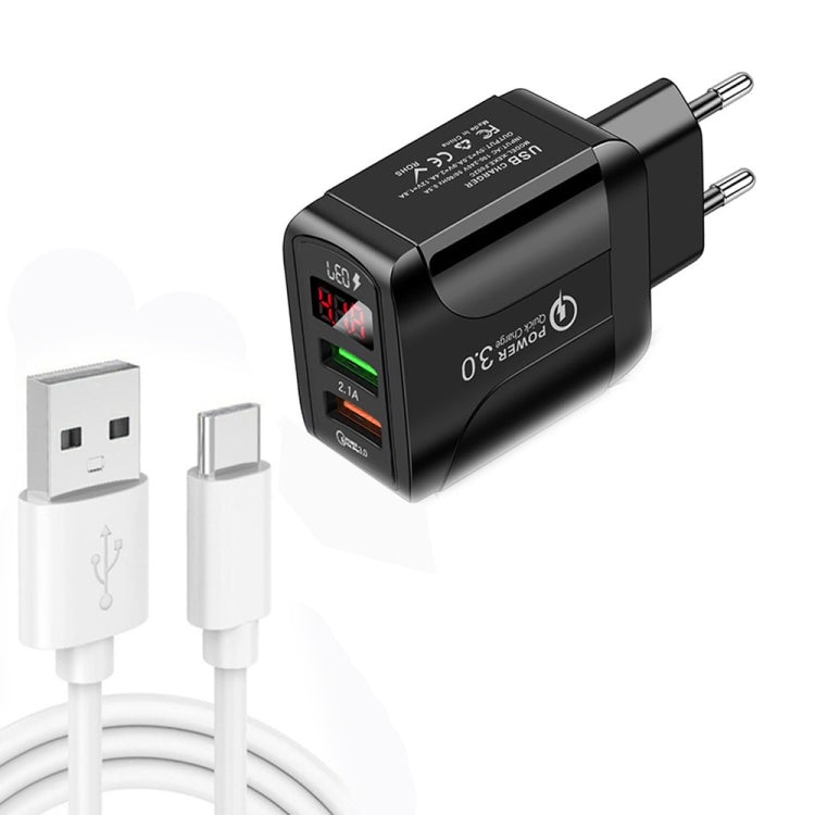Carregador Rápido F002C QC3.0 USB + USB 2.0 com Ecrã Digital LED e Cabo de Dados USB para Type-C, Ficha UE + Cabo Type-C