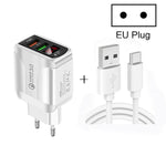 Carregador Rápido F002C QC3.0 USB + USB 2.0 com Ecrã Digital LED e Cabo de Dados USB para Type-C, Ficha UE + Cabo Type-C