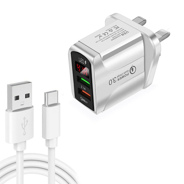 Carregador Rápido F002C QC3.0 USB + USB 2.0 com Ecrã Digital LED e Cabo de Dados USB para Type-C, Ficha Reino Unido + Cabo Type-C