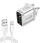Carregador Rápido F002C QC3.0 USB + USB 2.0 com Ecrã Digital LED e Cabo de Dados USB para Type-C, Ficha Reino Unido + Cabo Type-C