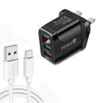 Carregador Rápido F002C QC3.0 USB + USB 2.0 com Ecrã Digital LED e Cabo de Dados USB para Type-C, Ficha Reino Unido + Cabo Type-C