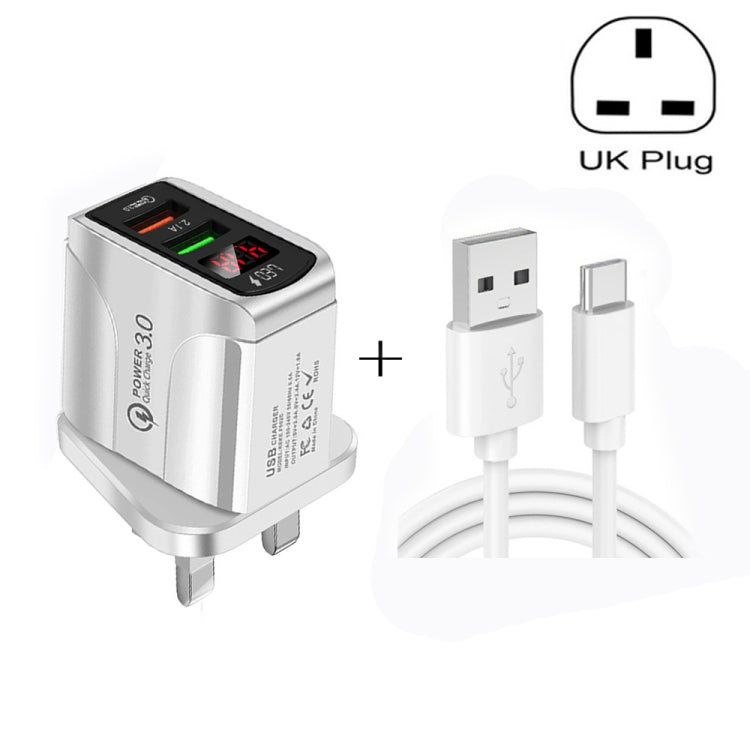 Carregador Rápido F002C QC3.0 USB + USB 2.0 com Ecrã Digital LED e Cabo de Dados USB para Type-C, Ficha Reino Unido + Cabo Type-C