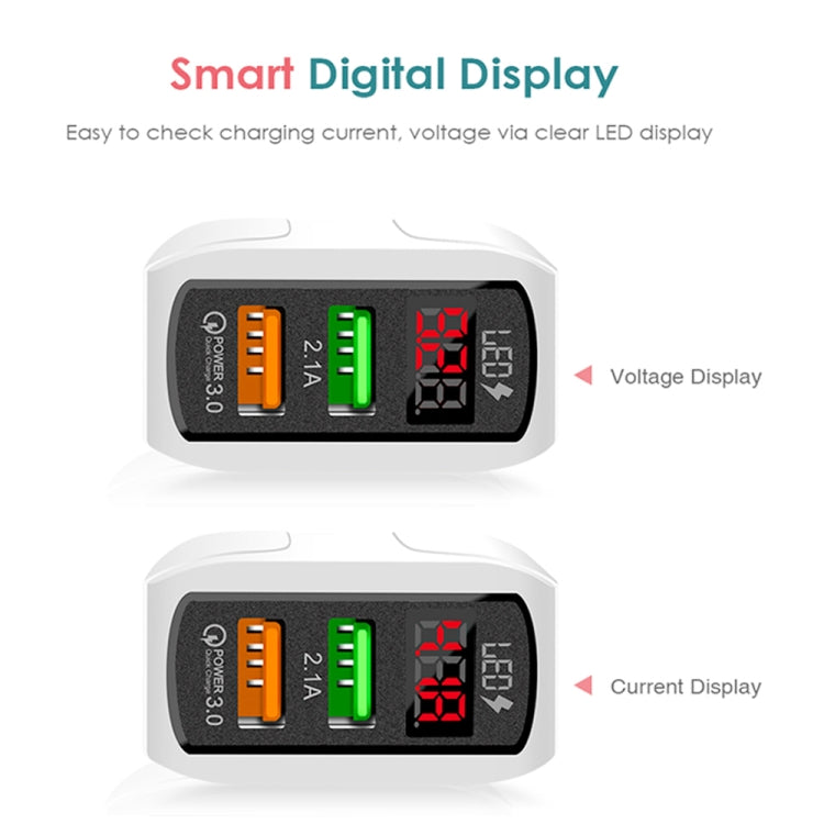 Carregador Rápido F002C QC3.0 USB + USB 2.0 com Ecrã Digital LED e Cabo de Dados USB para Type-C, Ficha Reino Unido + Cabo Type-C