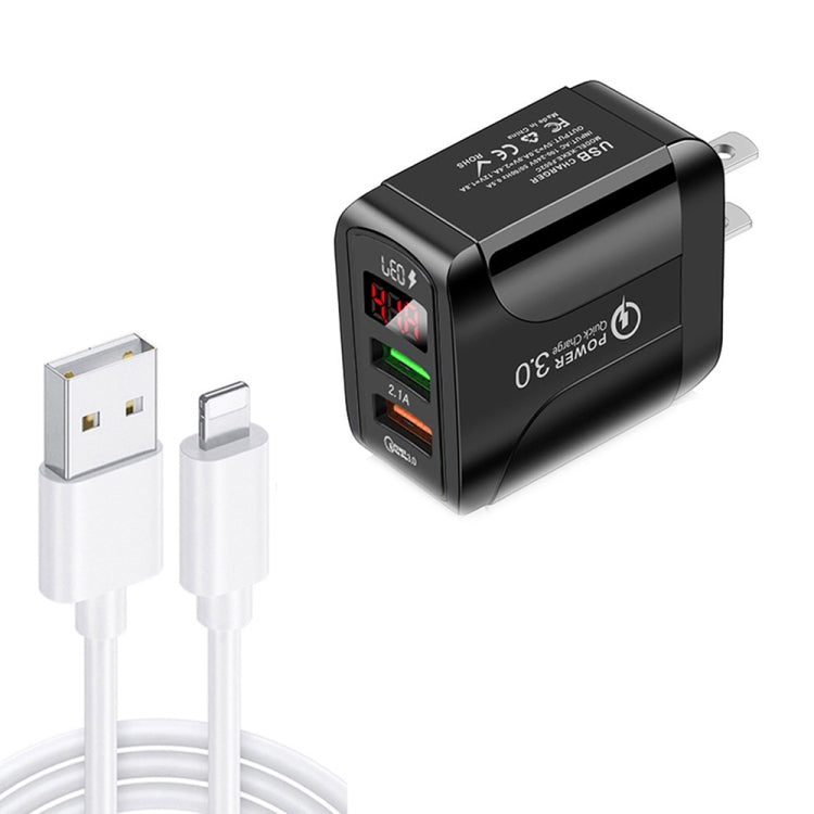 F002C Carregador Rápido USB QC3.0 + USB 2.0 com Ecrã Digital LED e Cabo de Dados USB para 8 Pinos, Ficha US, Ficha US + Cabo 8 Pinos