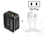 F002C Carregador Rápido USB QC3.0 + USB 2.0 com Ecrã Digital LED e Cabo de Dados USB para 8 Pinos, Ficha US, Ficha US + Cabo 8 Pinos