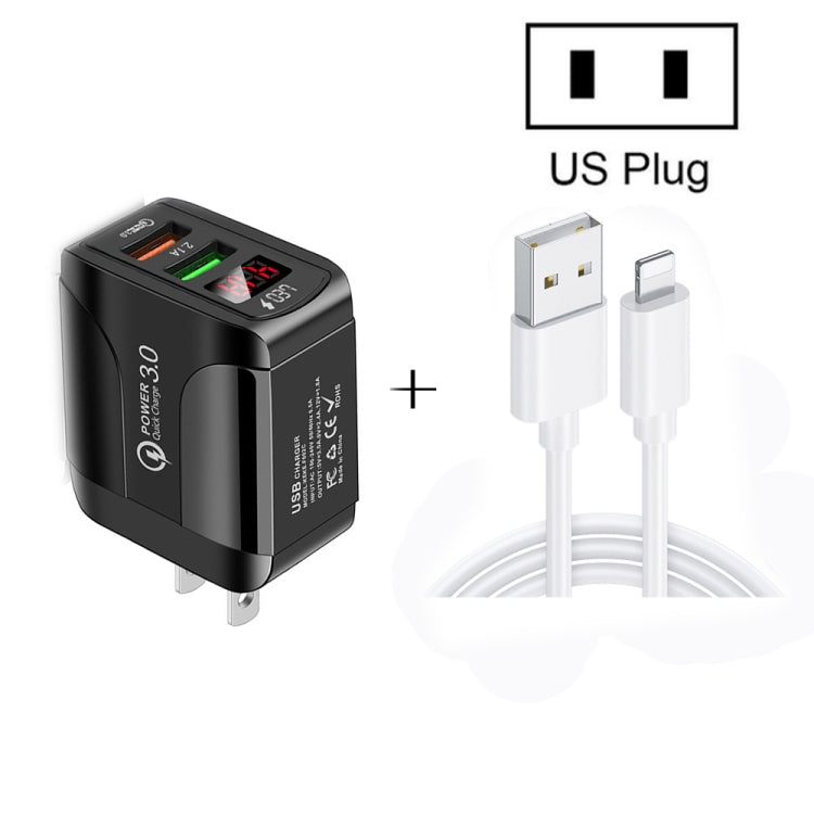 F002C Carregador Rápido USB QC3.0 + USB 2.0 com Ecrã Digital LED e Cabo de Dados USB para 8 Pinos, Ficha US, Ficha US + Cabo 8 Pinos