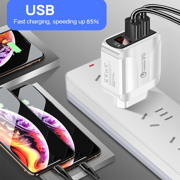 F002C Carregador Rápido USB QC3.0 + USB 2.0 com Ecrã Digital LED e Cabo de Dados USB para 8 Pinos, Ficha US, Ficha US + Cabo 8 Pinos