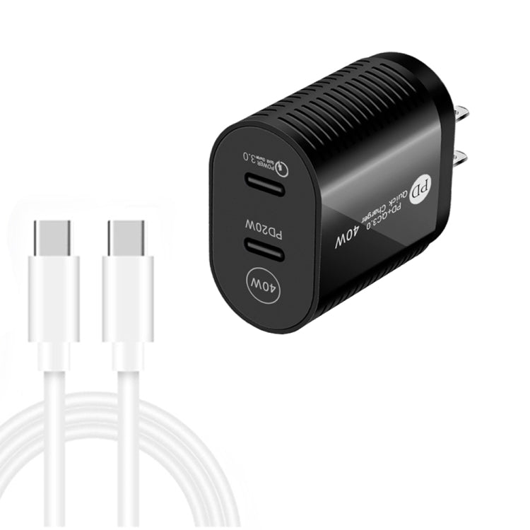 Carregador Rápido 40W com Dupla Porta PD / Type-C e Cabo de Dados Type-C para Type-C, Ficha EUA + Cabo Type-C para Type-C