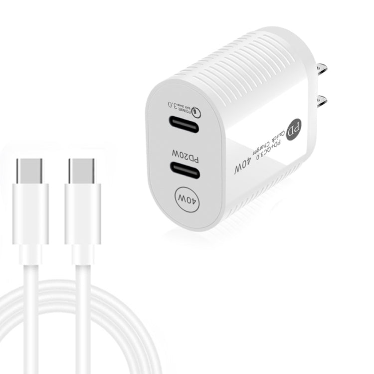 Carregador Rápido 40W com Dupla Porta PD / Type-C e Cabo de Dados Type-C para Type-C, Ficha EUA + Cabo Type-C para Type-C