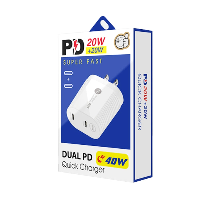Carregador Rápido 40W com Dupla Porta PD / Type-C e Cabo de Dados Type-C para Type-C, Ficha EUA + Cabo Type-C para Type-C