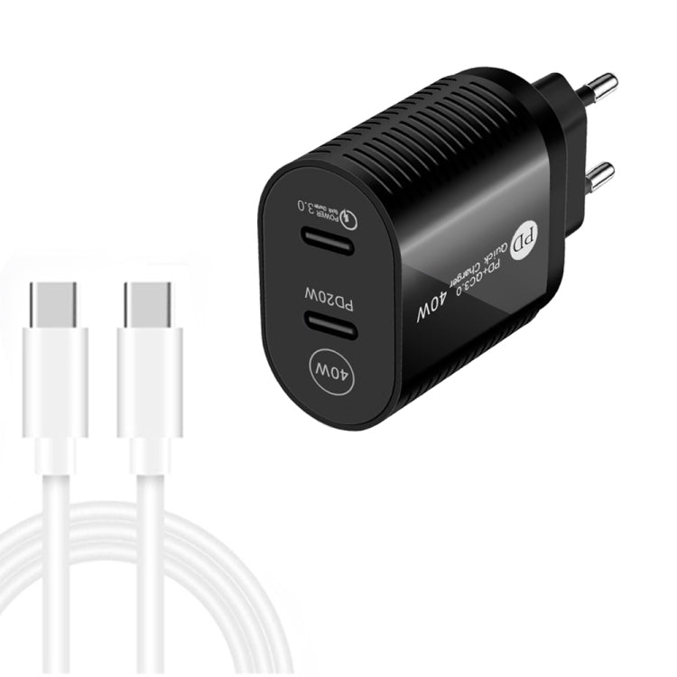 Carregador Rápido 40W com Dupla Porta PD / Type-C e Cabo de Dados Type-C para Type-C, Ficha UE + Cabo Type-C para Type-C