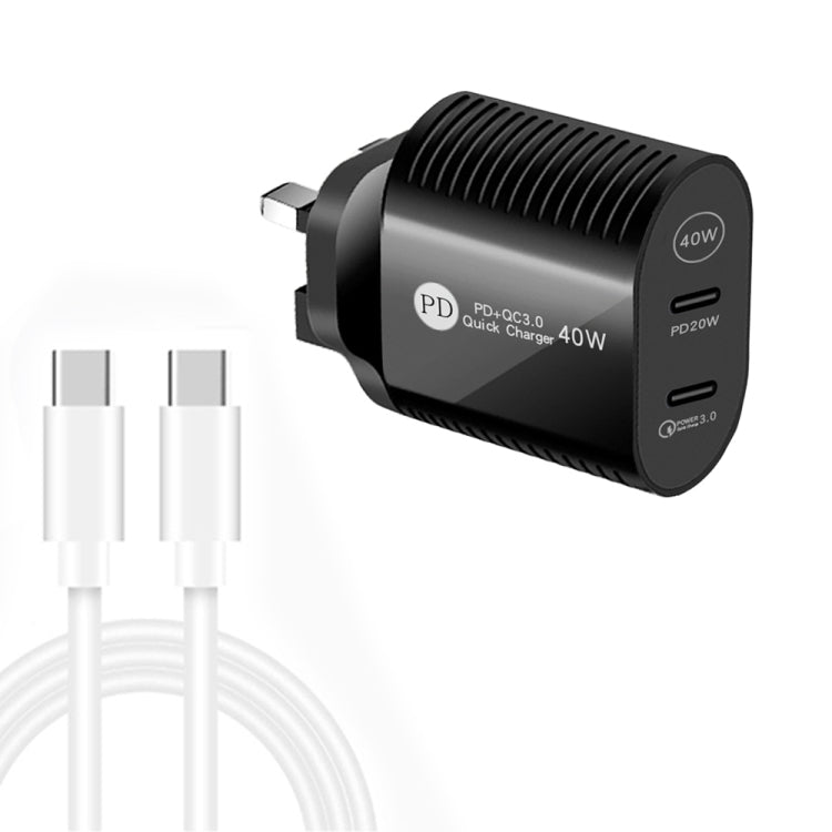 Carregador Rápido 40W com Dupla Porta PD / Type-C e Cabo de Dados Type-C para Type-C, Ficha Reino Unido + Cabo Type-C para Type-C