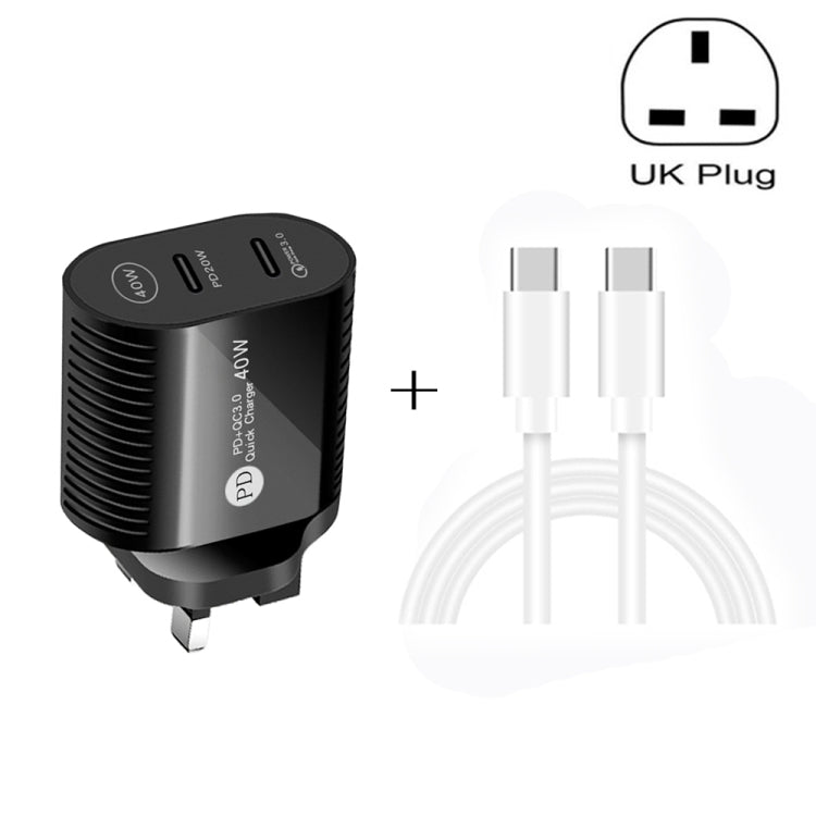 Carregador Rápido 40W com Dupla Porta PD / Type-C e Cabo de Dados Type-C para Type-C, Ficha Reino Unido + Cabo Type-C para Type-C