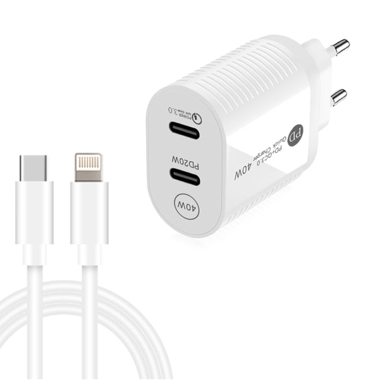 Carregador Rápido PD / Type-C de Porta Dupla 40W com Cabo de Dados Type-C para 8 Pinos, Ficha EU, Ficha EU + Cabo Type-C para 8 Pinos