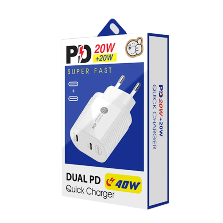 Carregador Rápido PD / Type-C de Porta Dupla 40W com Cabo de Dados Type-C para 8 Pinos, Ficha EU, Ficha EU + Cabo Type-C para 8 Pinos