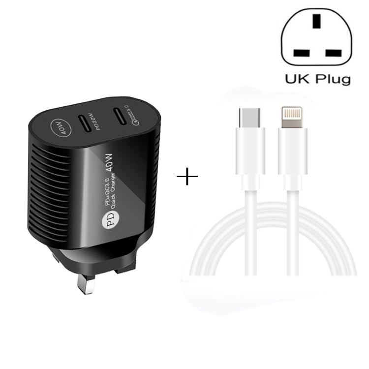 Carregador Rápido PD / Type-C de Porta Dupla 40W com Cabo de Dados Type-C para 8 Pinos, Ficha UK, Ficha UK + Cabo Type-C para 8 Pinos