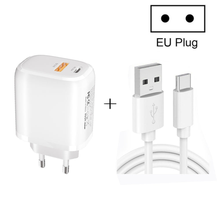 Carregador Rápido Portátil Mini CS-20W PD3.0 + QC3.0 com Duas Portas e Cabo USB 3A para Type-C, Carregador + Cabo USB para Type-C