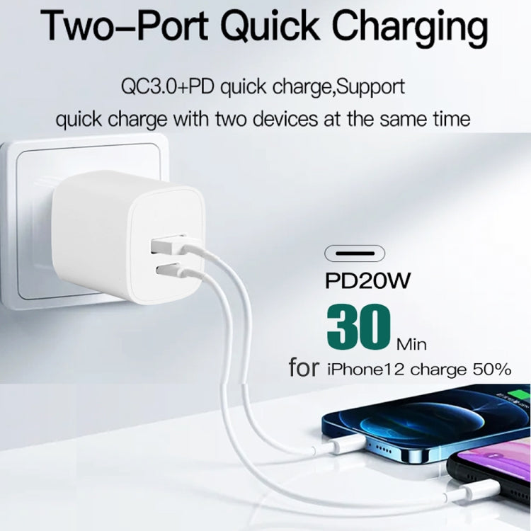 Carregador Rápido Portátil Mini CS-20W PD3.0 + QC3.0 com Duas Portas e Cabo de Dados USB 3A para 8 Pinos, Carregador + Cabo USB para 8 Pinos