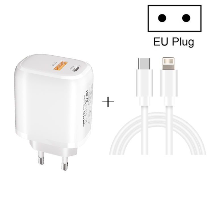 Carregador Rápido Portátil Mini CS-20W PD3.0 + QC3.0 com Duas Portas e Cabo de Dados Tipo-C 3A para 8 Pinos, Carregador + Cabo Tipo-C para 8 Pinos