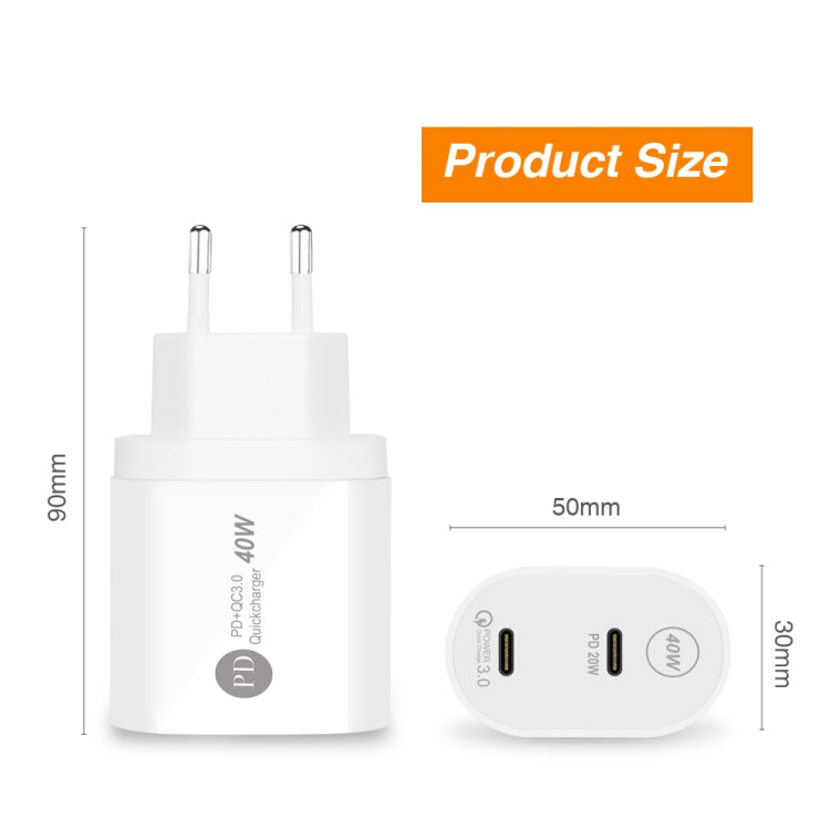 Carregador Rápido 40W de Dupla Porta PD / Tipo-C 002 para Série iPhone / iPad, Ficha UE, Ficha UE