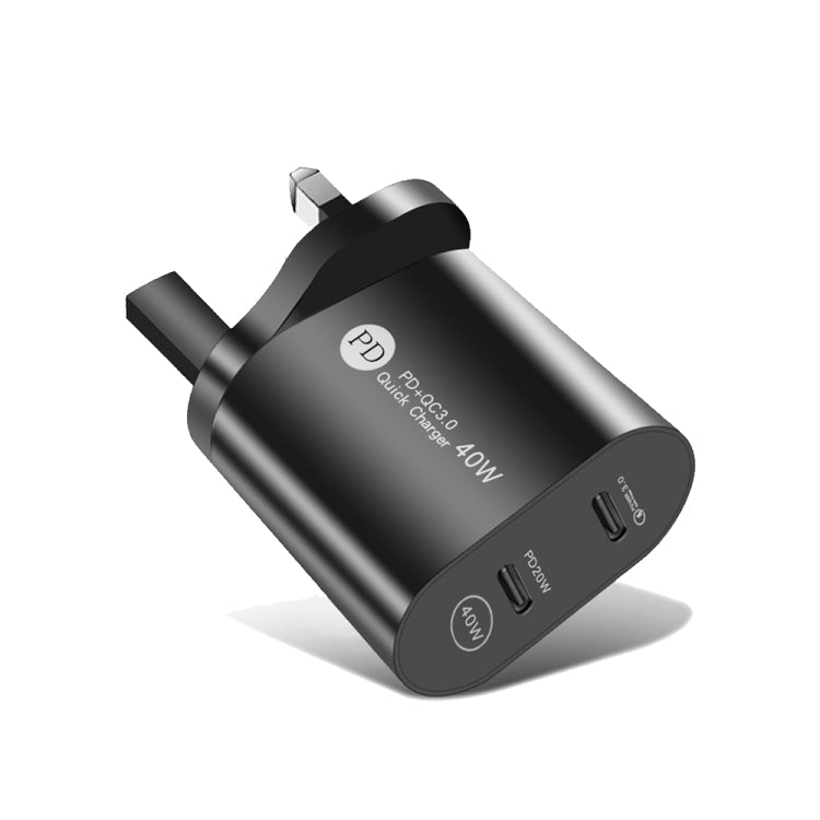 Carregador Rápido 40W de Dupla Porta PD USB-C / Tipo-C 002 para Série iPhone / iPad, Ficha Reino Unido, Ficha Reino Unido