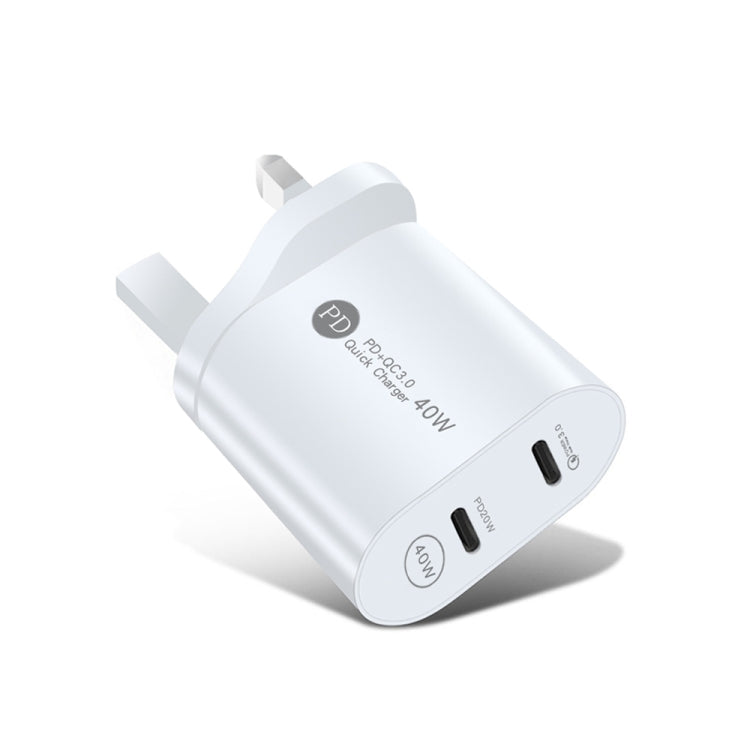 Carregador Rápido 40W de Dupla Porta PD USB-C / Tipo-C 002 para Série iPhone / iPad, Ficha Reino Unido, Ficha Reino Unido