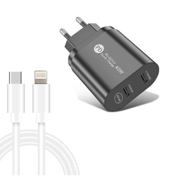 Carregador Rápido 40W de Dupla Porta PD / Tipo-C 002 com Cabo de Dados USB-C para 8 Pinos, Ficha UE, Ficha UE + Cabo Tipo-C para 8 Pinos