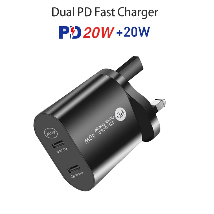 Carregador Rápido 40W de Dupla Porta PD / Tipo-C 002 com Cabo de Dados USB-C para 8 Pinos, Ficha Reino Unido, Ficha Reino Unido + Cabo Tipo-C para 8 Pinos