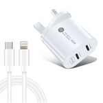 Carregador Rápido 40W de Dupla Porta PD / Tipo-C 002 com Cabo de Dados USB-C para 8 Pinos, Ficha Reino Unido, Ficha Reino Unido + Cabo Tipo-C para 8 Pinos