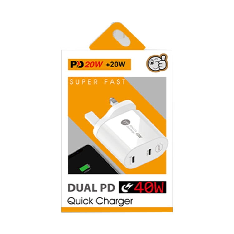 Carregador Rápido 40W de Dupla Porta PD / Tipo-C 002 com Cabo de Dados USB-C para 8 Pinos, Ficha Reino Unido, Ficha Reino Unido + Cabo Tipo-C para 8 Pinos