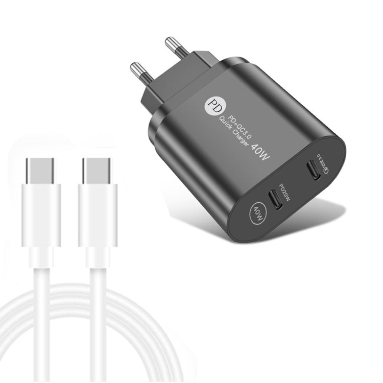 Carregador USB-C / Type-C 40W PD3.0 com Dupla Porta 002 e Cabo de Dados Type-C para Type-C, Ficha UE + Cabo Type-C para Type-C