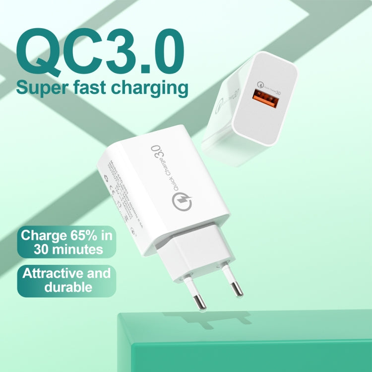 Carregador USB de porta única APD-2003 18W QC3.0 com cabo de dados USB para Type-C de 1m, ficha EU + cabo USB para Type-C, ficha US + cabo USB para Type-C