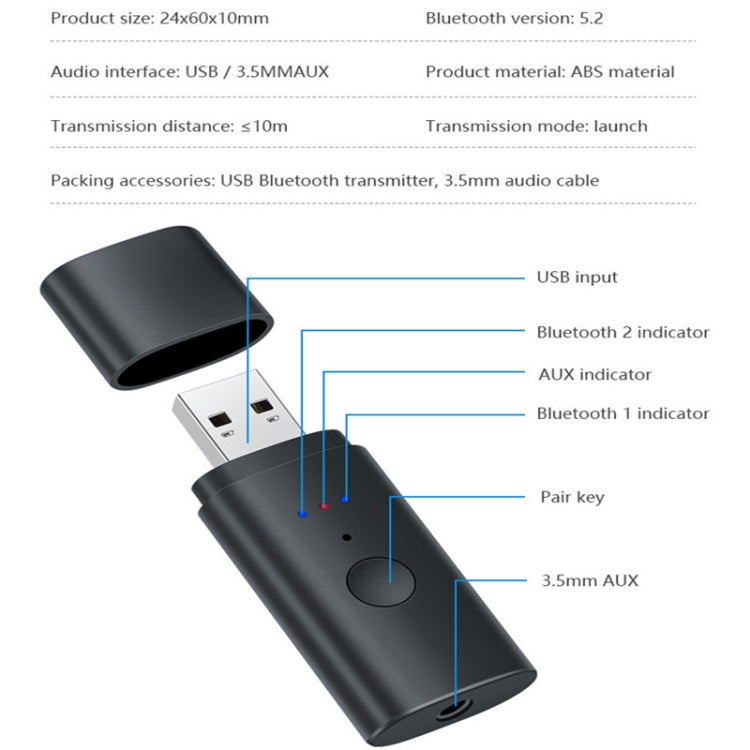 TX35 Transmissor Bluetooth 5.2 One Drag Two Saída dupla USB / AUX