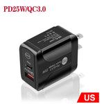 Carregador Rápido PD25W com Duas Portas USB-C / Tipo-C + USB QC3.0, Ficha EUA, Ficha EUA