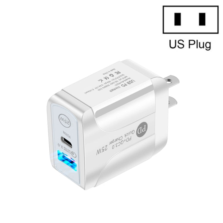 Carregador Rápido PD25W com Duas Portas USB-C / Tipo-C + USB QC3.0, Ficha EUA, Ficha EUA
